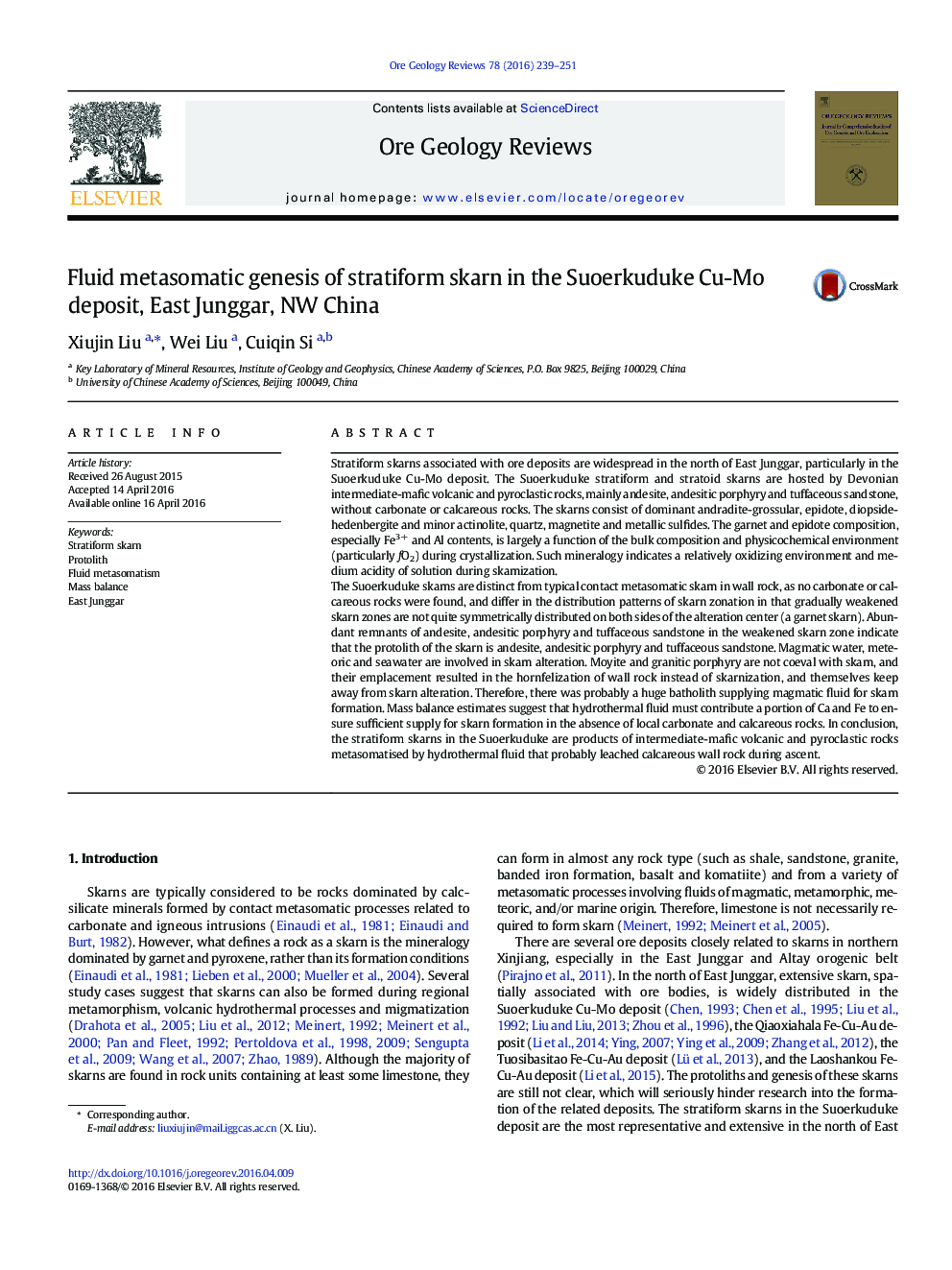 Fluid metasomatic genesis of stratiform skarn in the Suoerkuduke Cu-Mo deposit, East Junggar, NW China