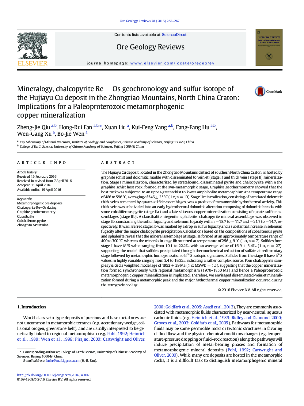 Mineralogy, chalcopyrite ReOs geochronology and sulfur isotope of the Hujiayu Cu deposit in the Zhongtiao Mountains, North China Craton: Implications for a Paleoproterozoic metamorphogenic copper mineralization