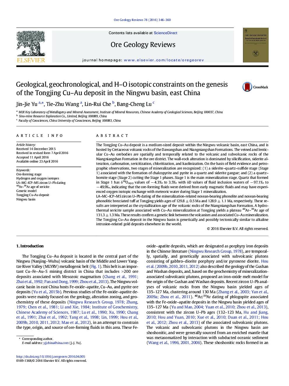 Geological, geochronological, and H–O isotopic constraints on the genesis of the Tongjing Cu–Au deposit in the Ningwu basin, east China