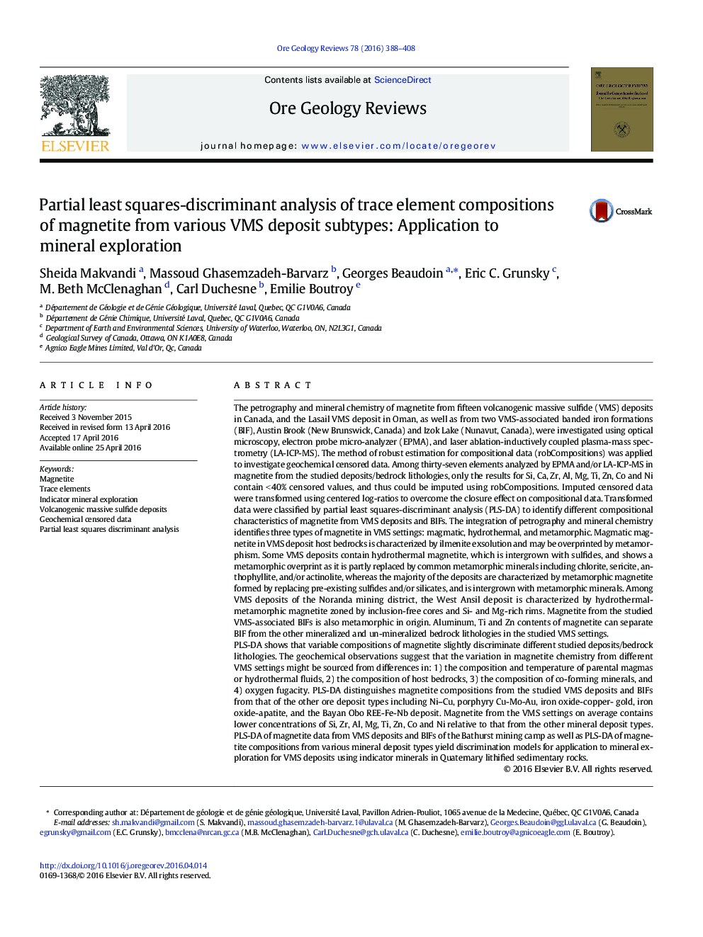 Partial least squares-discriminant analysis of trace element compositions of magnetite from various VMS deposit subtypes: Application to mineral exploration