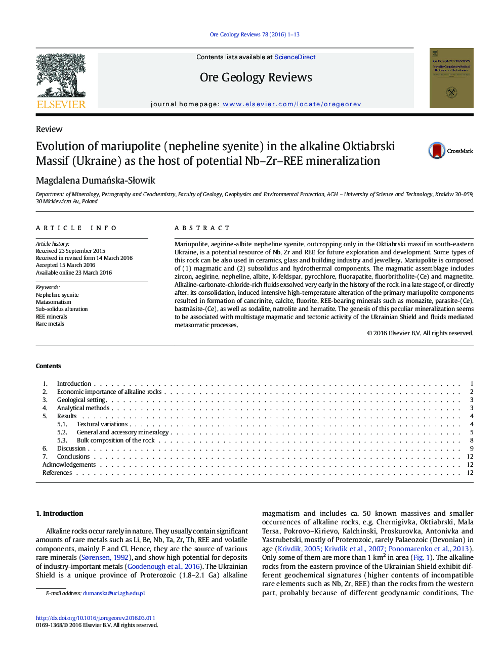 Evolution of mariupolite (nepheline syenite) in the alkaline Oktiabrski Massif (Ukraine) as the host of potential Nb–Zr–REE mineralization