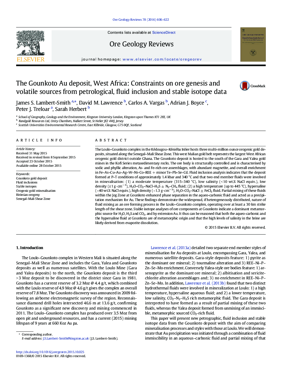 The Gounkoto Au deposit, West Africa: Constraints on ore genesis and volatile sources from petrological, fluid inclusion and stable isotope data