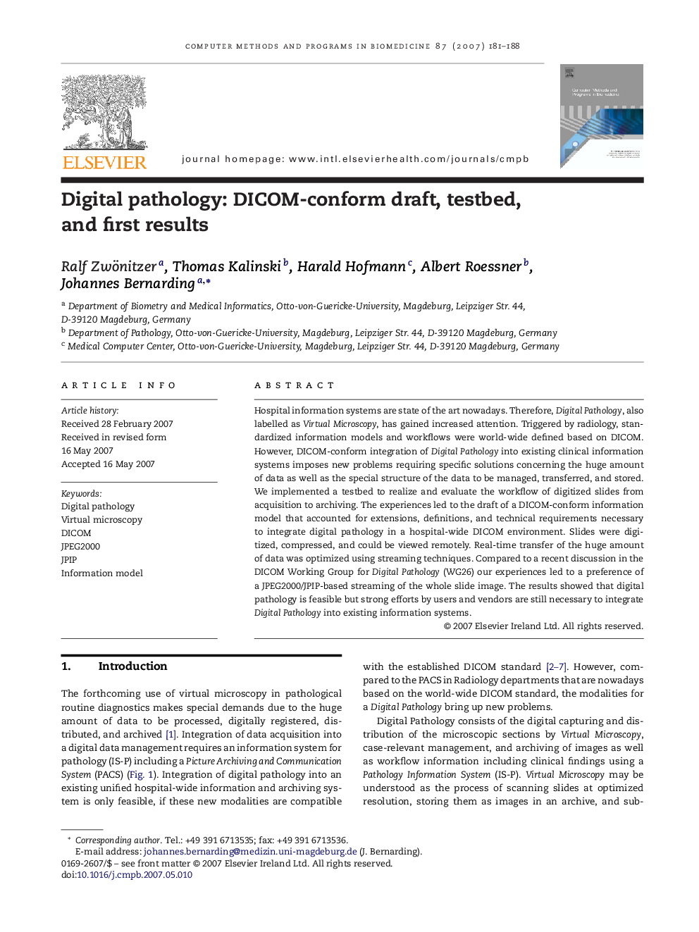 Digital pathology: DICOM-conform draft, testbed, and first results