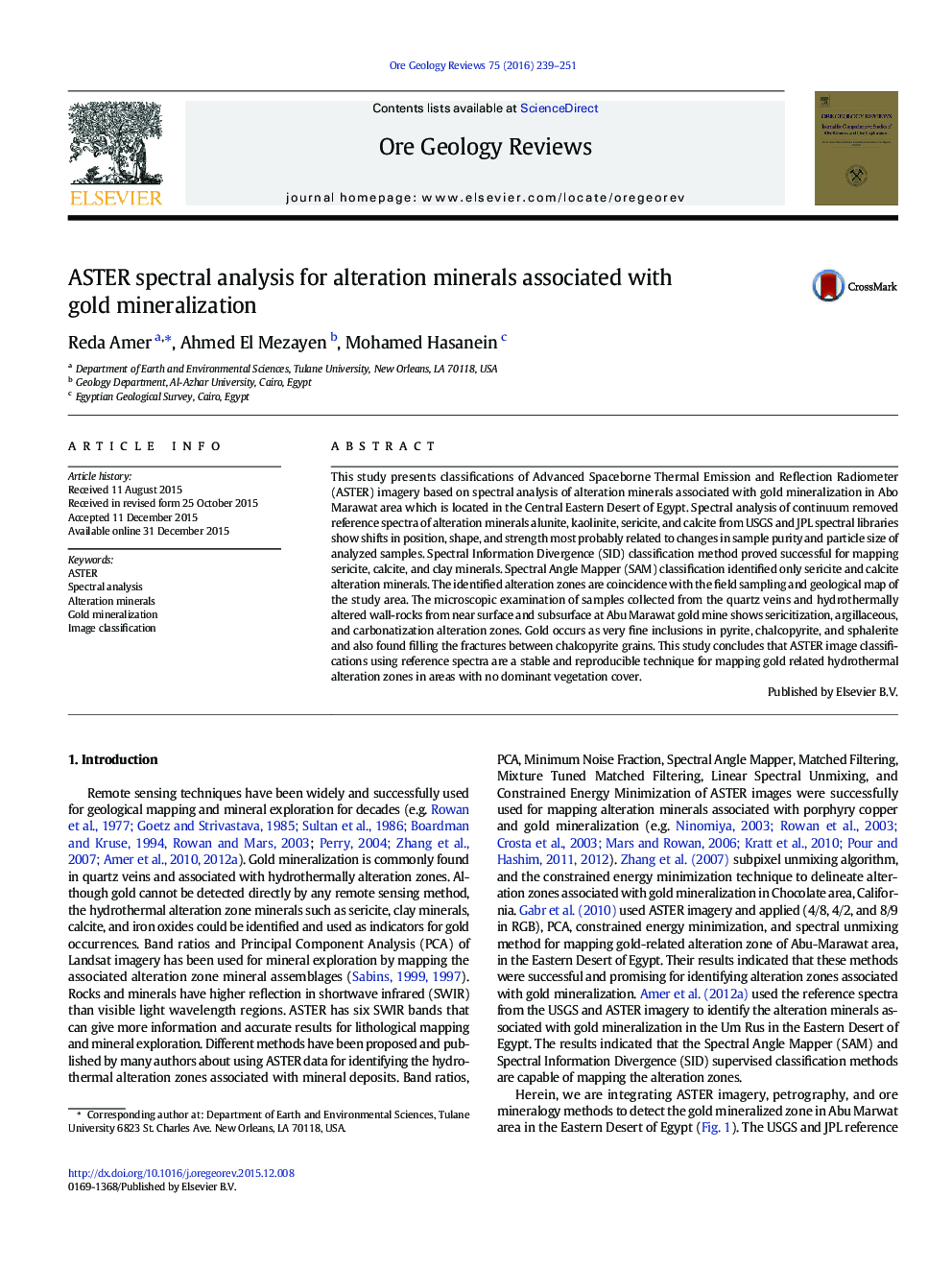 ASTER spectral analysis for alteration minerals associated with gold mineralization