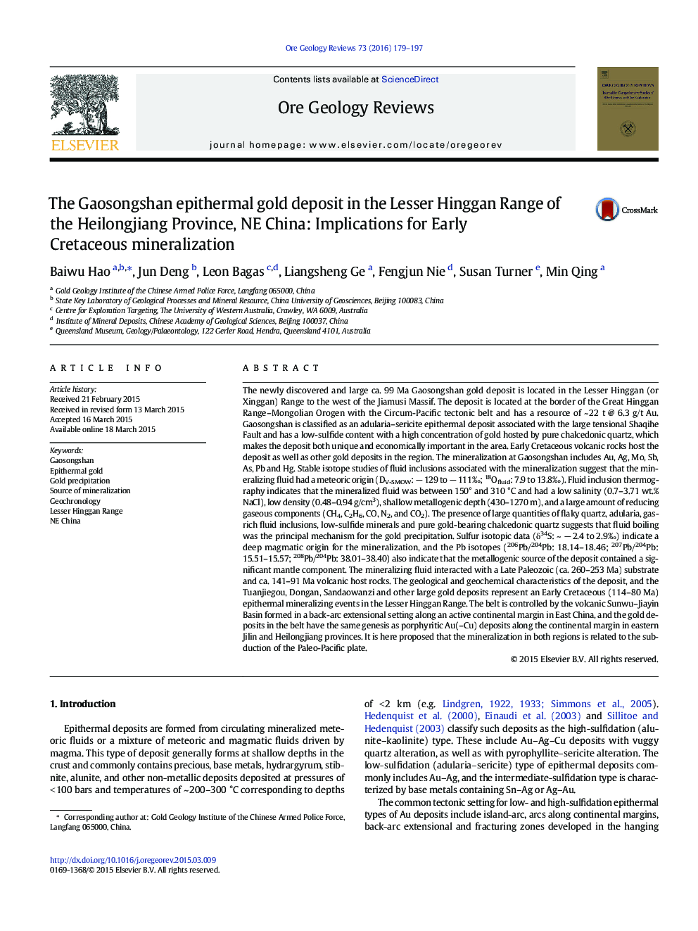 The Gaosongshan epithermal gold deposit in the Lesser Hinggan Range of the Heilongjiang Province, NE China: Implications for Early Cretaceous mineralization