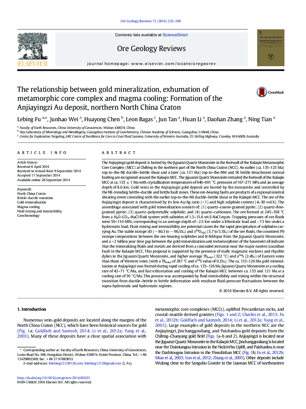 The relationship between gold mineralization, exhumation of metamorphic core complex and magma cooling: Formation of the Anjiayingzi Au deposit, northern North China Craton