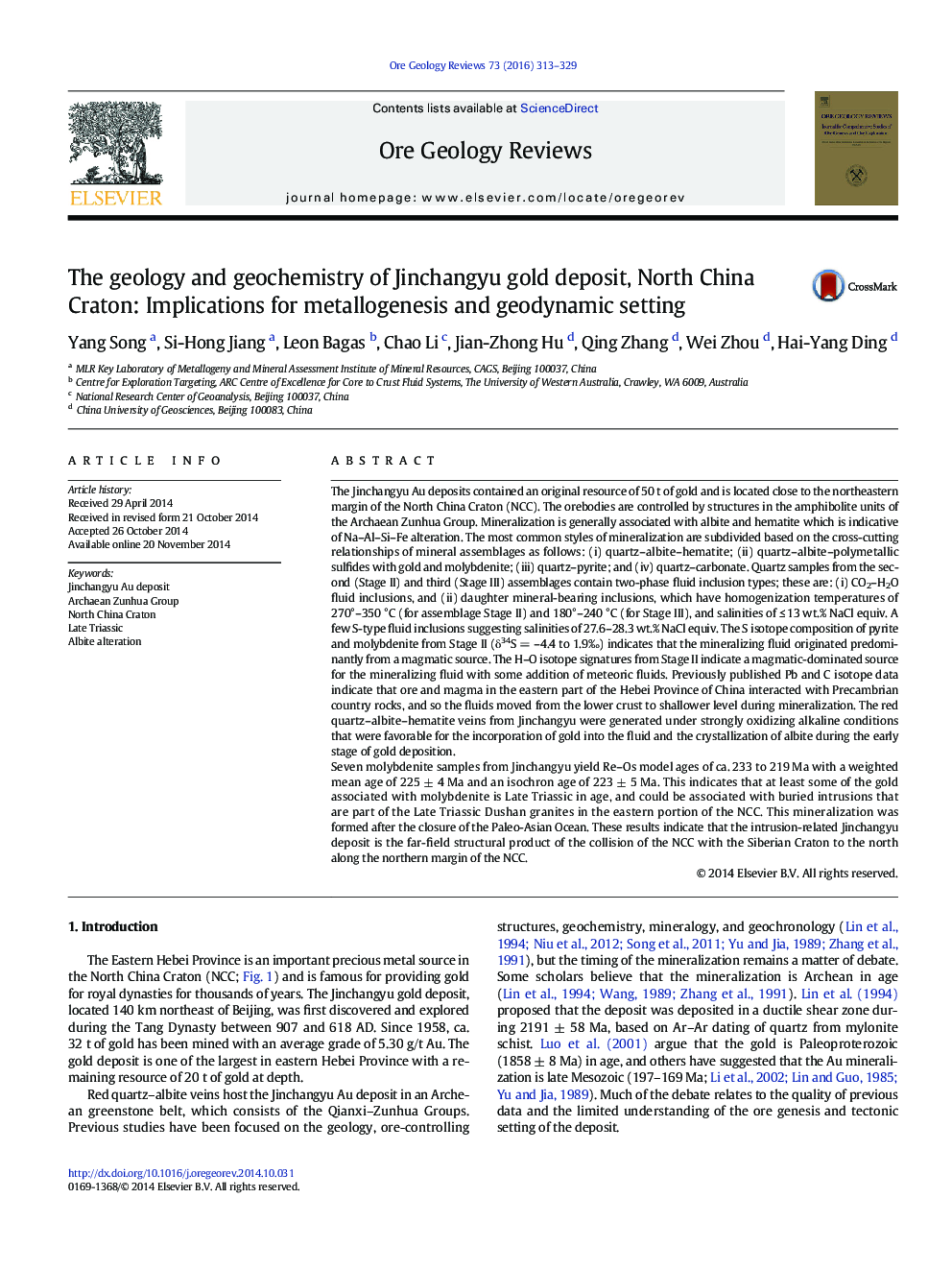 The geology and geochemistry of Jinchangyu gold deposit, North China Craton: Implications for metallogenesis and geodynamic setting