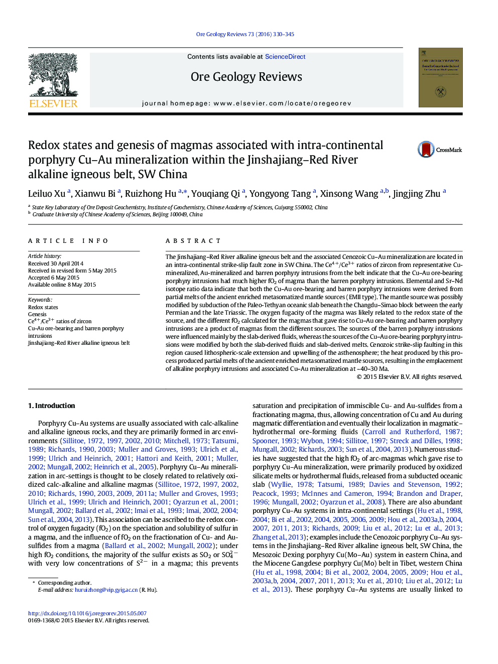 Redox states and genesis of magmas associated with intra-continental porphyry Cu–Au mineralization within the Jinshajiang–Red River alkaline igneous belt, SW China
