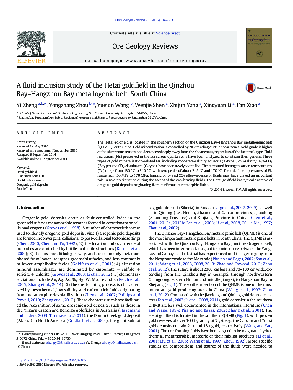 A fluid inclusion study of the Hetai goldfield in the Qinzhou Bay–Hangzhou Bay metallogenic belt, South China