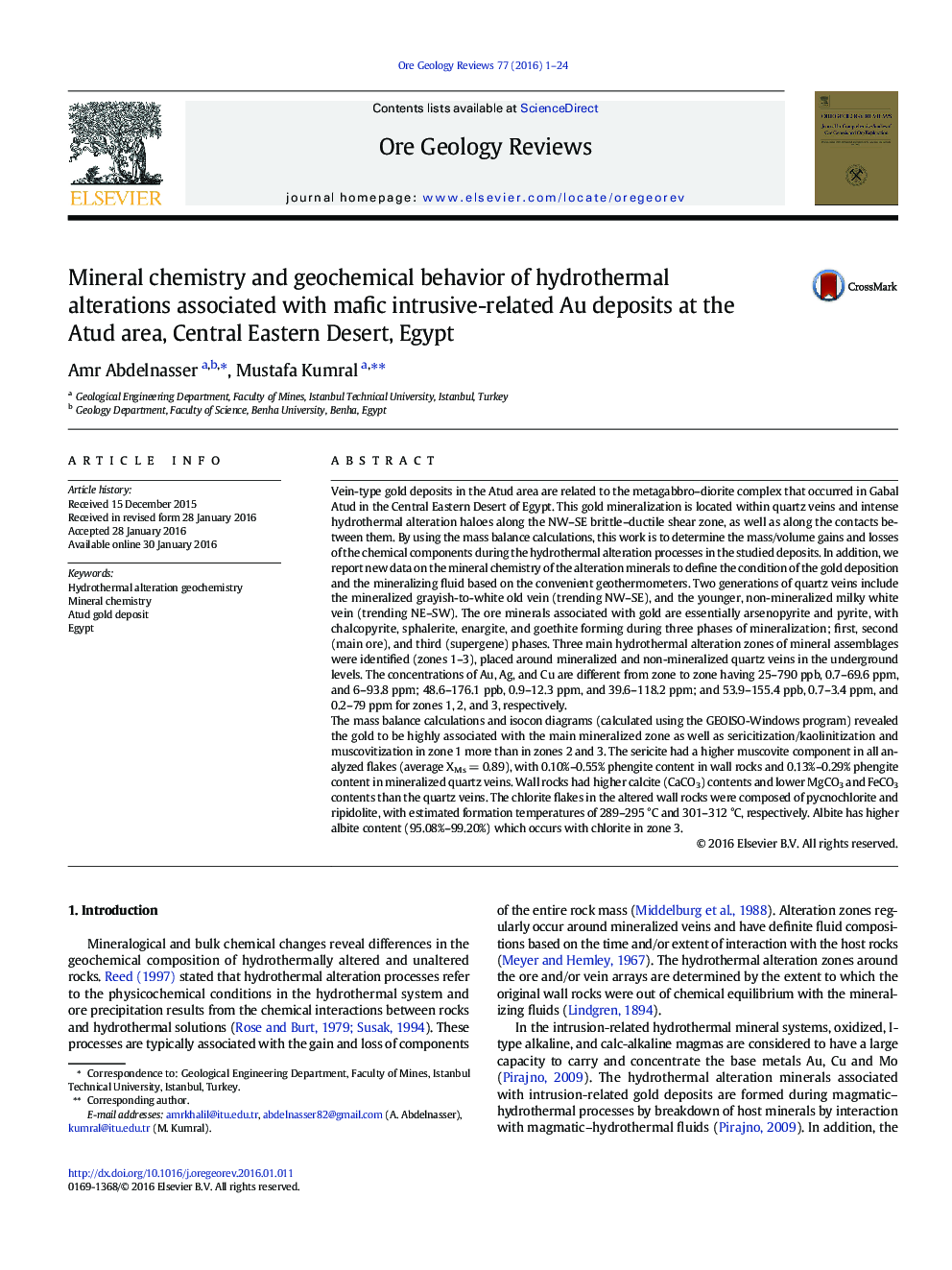 Mineral chemistry and geochemical behavior of hydrothermal alterations associated with mafic intrusive-related Au deposits at the Atud area, Central Eastern Desert, Egypt