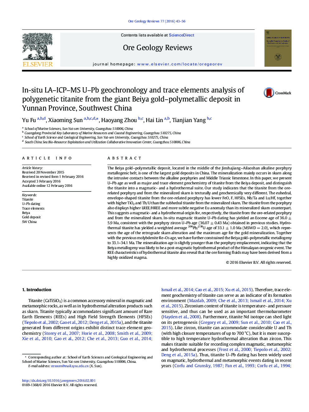 In-situ LA–ICP–MS U–Pb geochronology and trace elements analysis of polygenetic titanite from the giant Beiya gold–polymetallic deposit in Yunnan Province, Southwest China