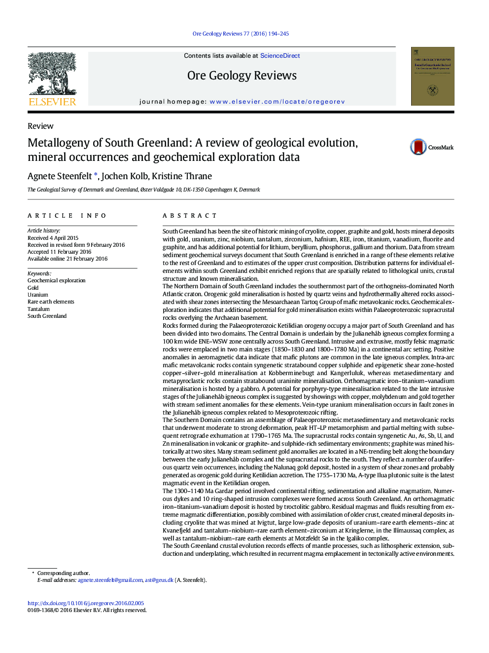 Metallogeny of South Greenland: A review of geological evolution, mineral occurrences and geochemical exploration data