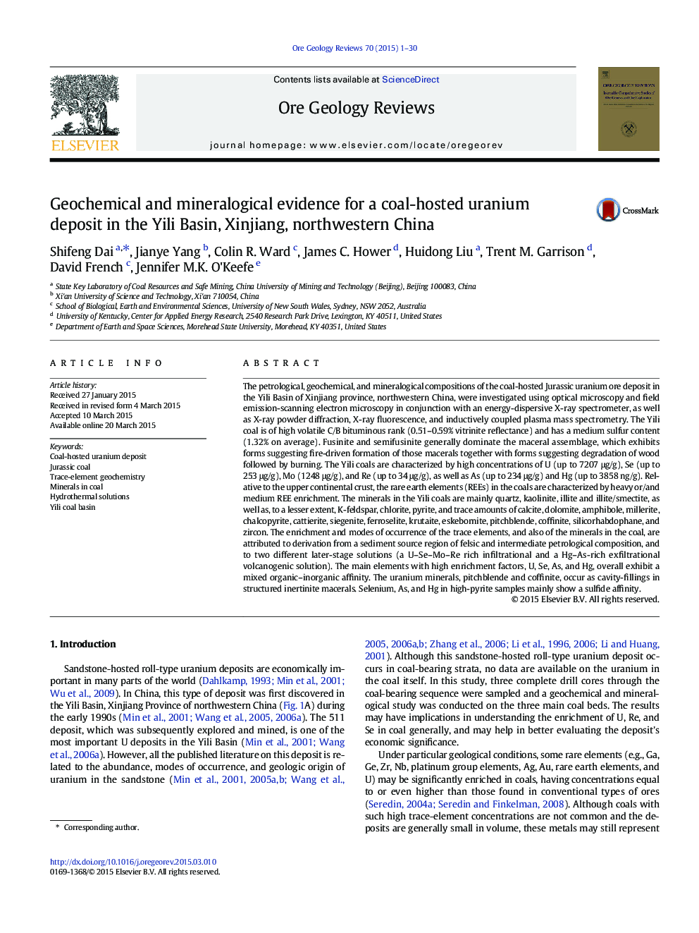 Geochemical and mineralogical evidence for a coal-hosted uranium deposit in the Yili Basin, Xinjiang, northwestern China