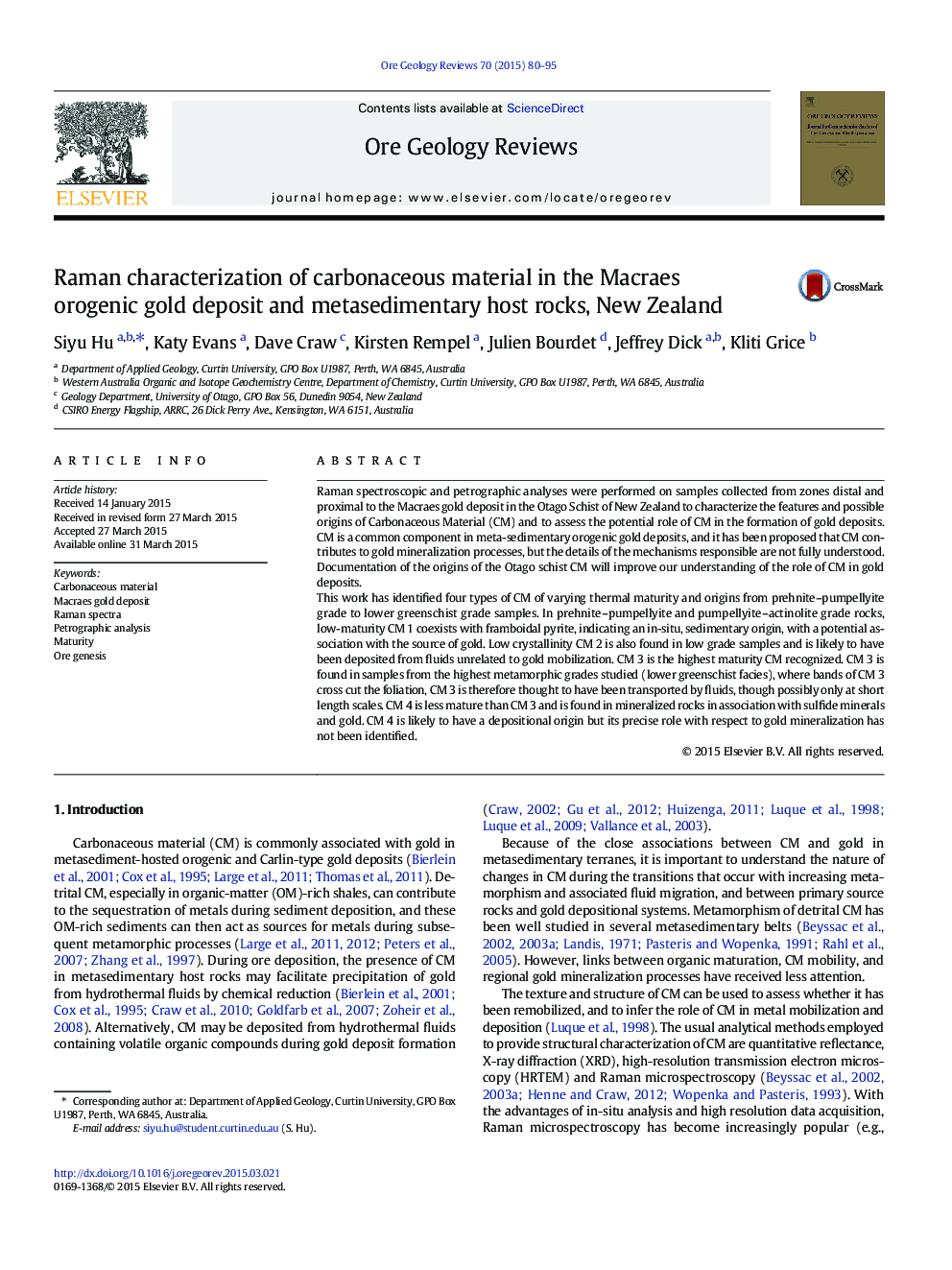 Raman characterization of carbonaceous material in the Macraes orogenic gold deposit and metasedimentary host rocks, New Zealand