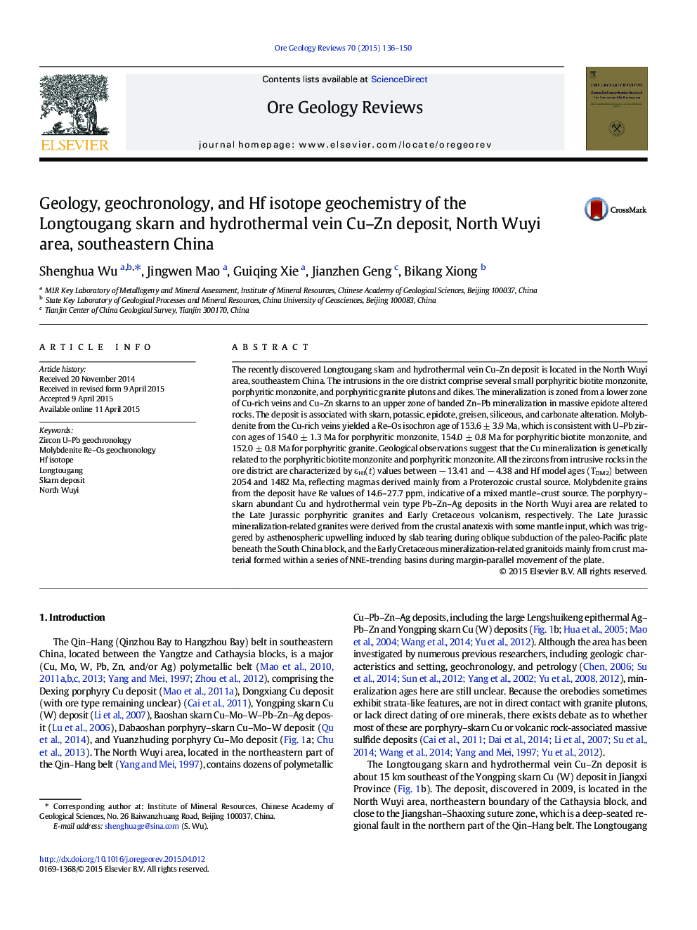 Geology, geochronology, and Hf isotope geochemistry of the Longtougang skarn and hydrothermal vein Cu–Zn deposit, North Wuyi area, southeastern China
