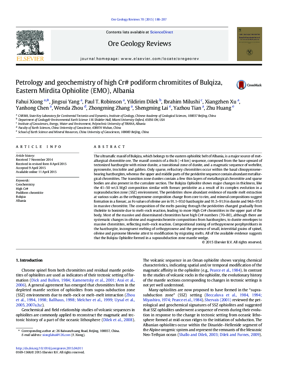 Petrology and geochemistry of high Cr# podiform chromitites of Bulqiza, Eastern Mirdita Ophiolite (EMO), Albania