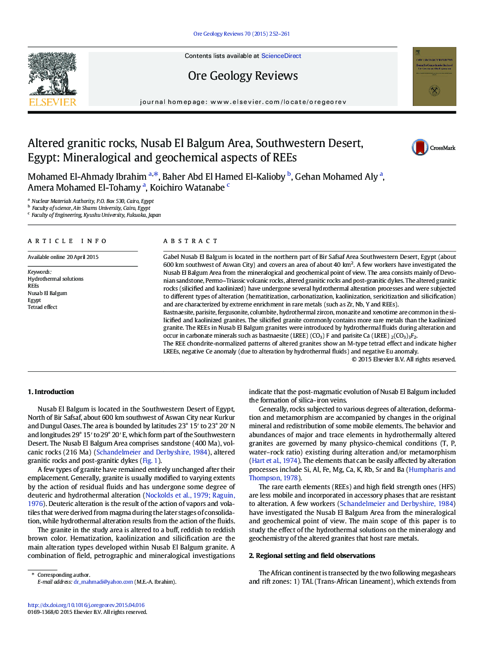 Altered granitic rocks, Nusab El Balgum Area, Southwestern Desert, Egypt: Mineralogical and geochemical aspects of REEs