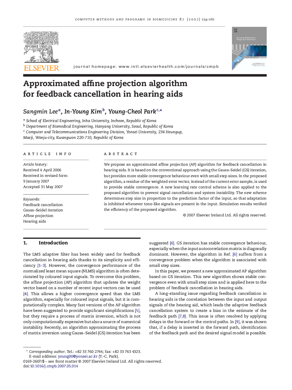 Approximated affine projection algorithm for feedback cancellation in hearing aids