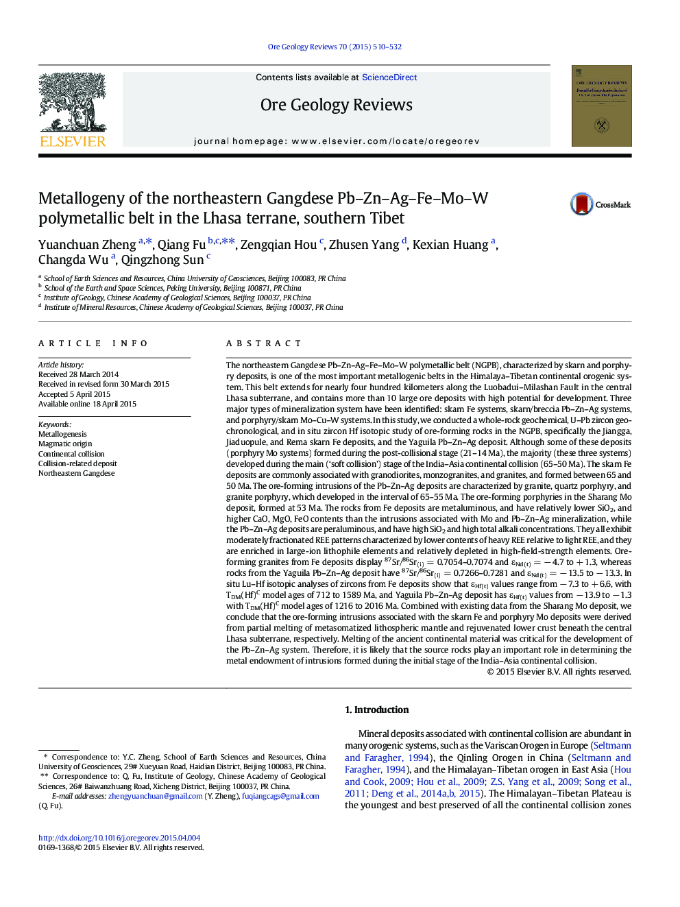 عکس صفحه اول مقاله: Metallogeny of the northeastern Gangdese Pb–Zn–Ag–Fe–Mo–W polymetallic belt in the Lhasa terrane, southern Tibet Metallogeny of the northeastern Gangdese Pb–Zn–Ag–Fe–Mo–W polymetallic belt in the Lhasa terrane, southern Tibet