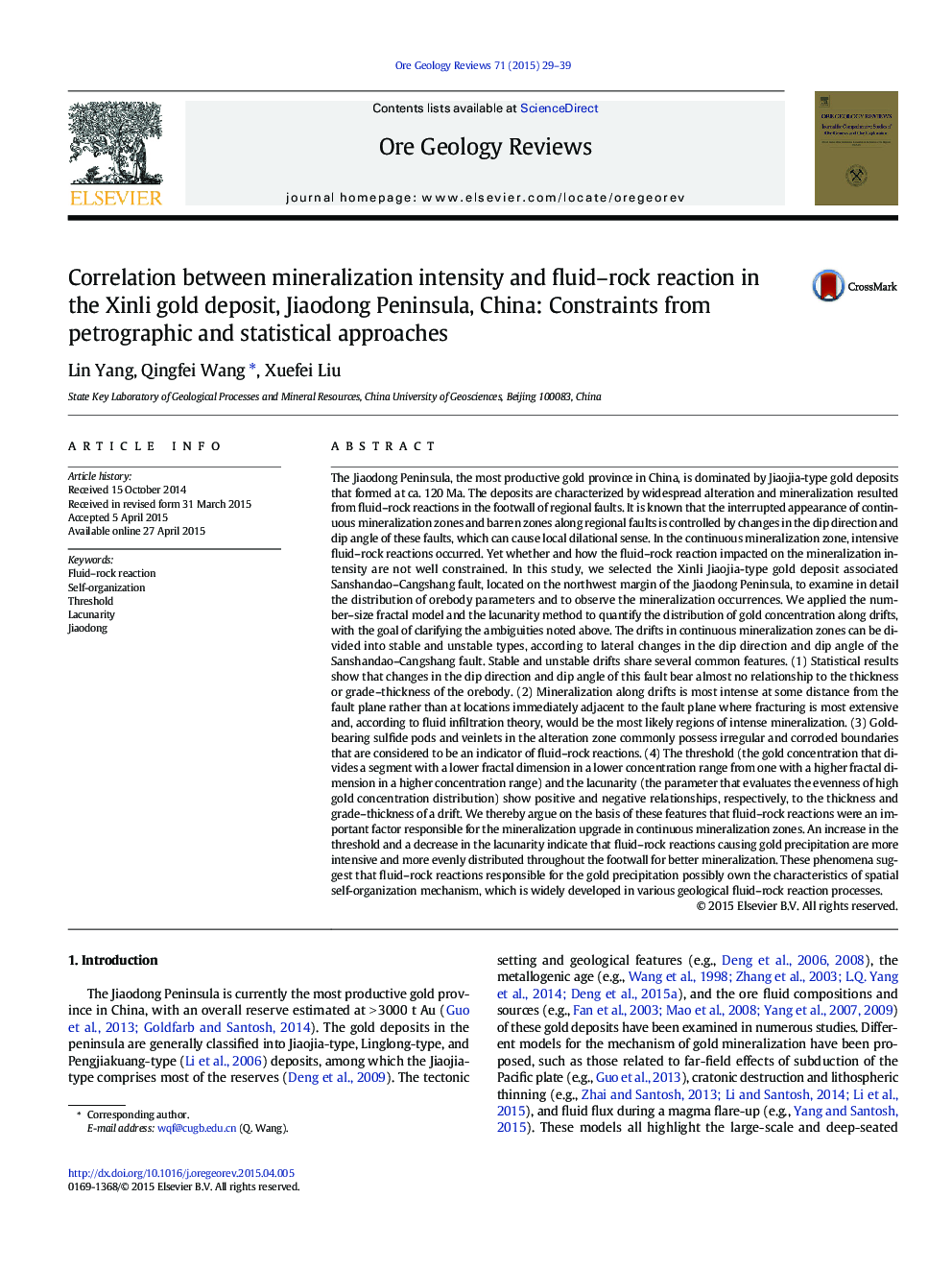 Correlation between mineralization intensity and fluid–rock reaction in the Xinli gold deposit, Jiaodong Peninsula, China: Constraints from petrographic and statistical approaches