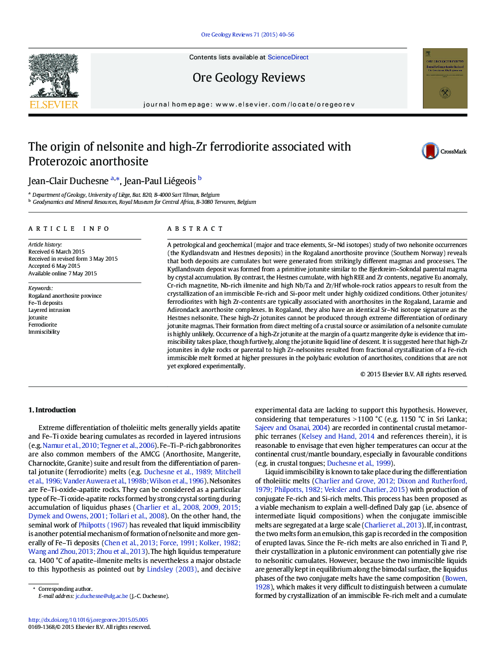 The origin of nelsonite and high-Zr ferrodiorite associated with Proterozoic anorthosite