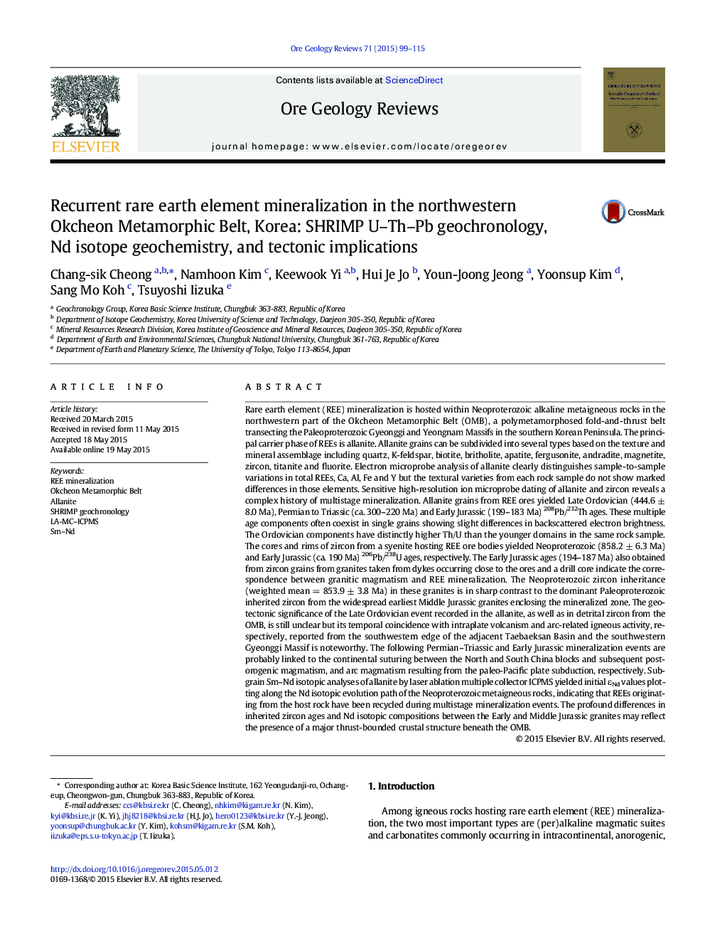 Recurrent rare earth element mineralization in the northwestern Okcheon Metamorphic Belt, Korea: SHRIMP U–Th–Pb geochronology, Nd isotope geochemistry, and tectonic implications