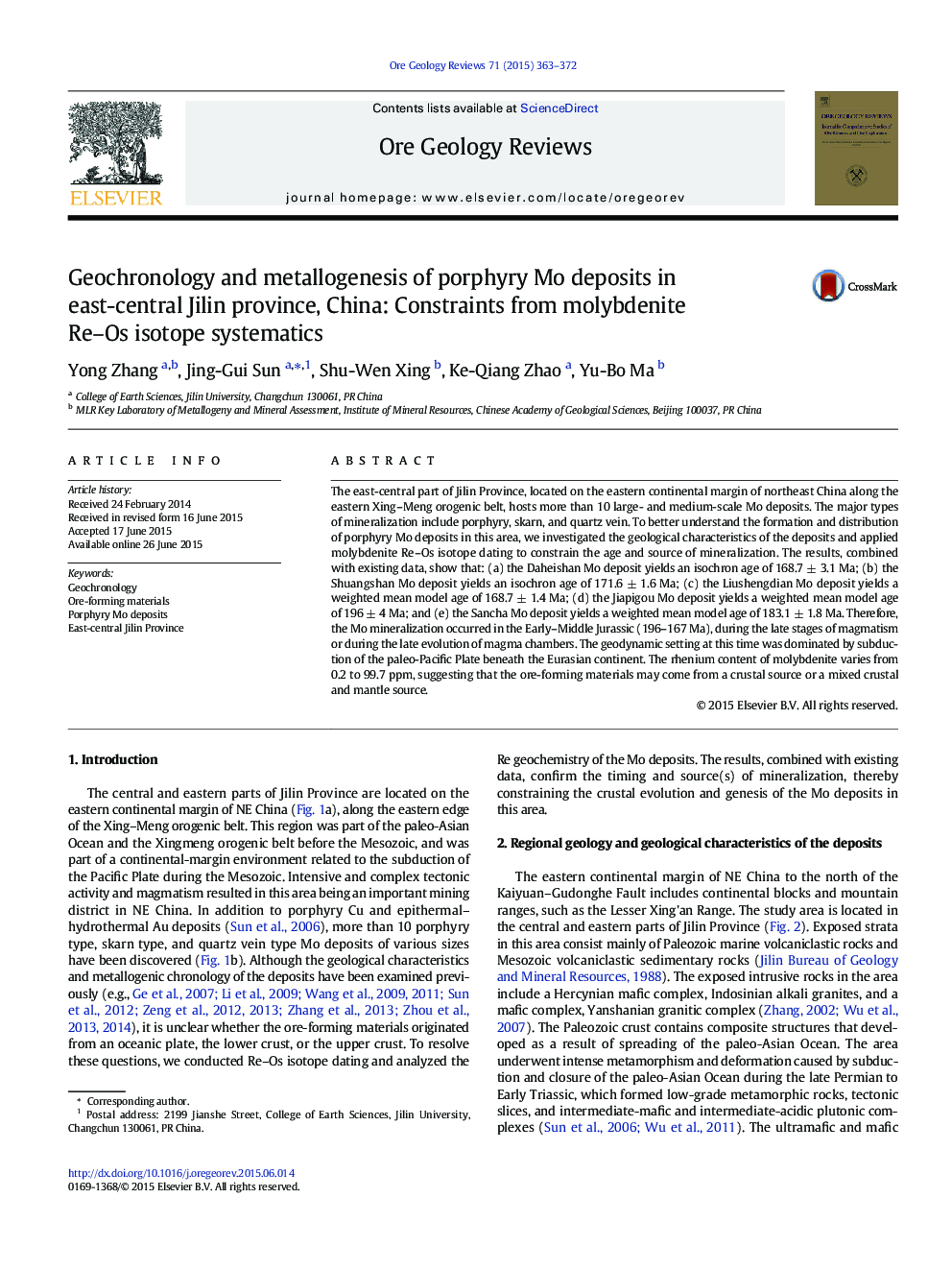 Geochronology and metallogenesis of porphyry Mo deposits in east-central Jilin province, China: Constraints from molybdenite Re–Os isotope systematics