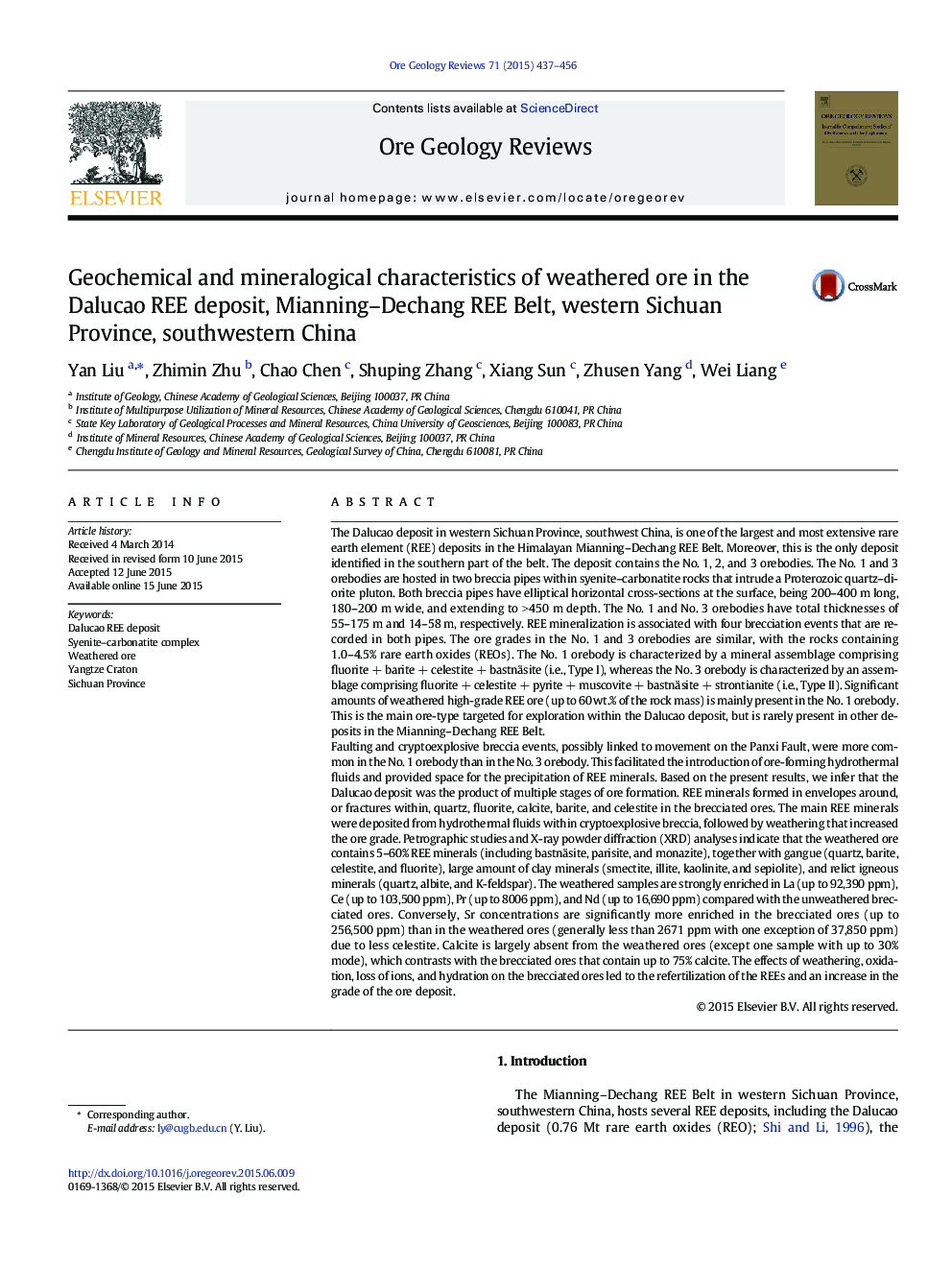 Geochemical and mineralogical characteristics of weathered ore in the Dalucao REE deposit, Mianning–Dechang REE Belt, western Sichuan Province, southwestern China