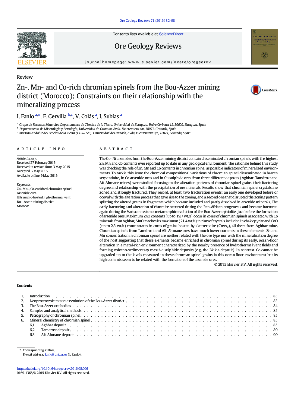 Zn-, Mn- and Co-rich chromian spinels from the Bou-Azzer mining district (Morocco): Constraints on their relationship with the mineralizing process