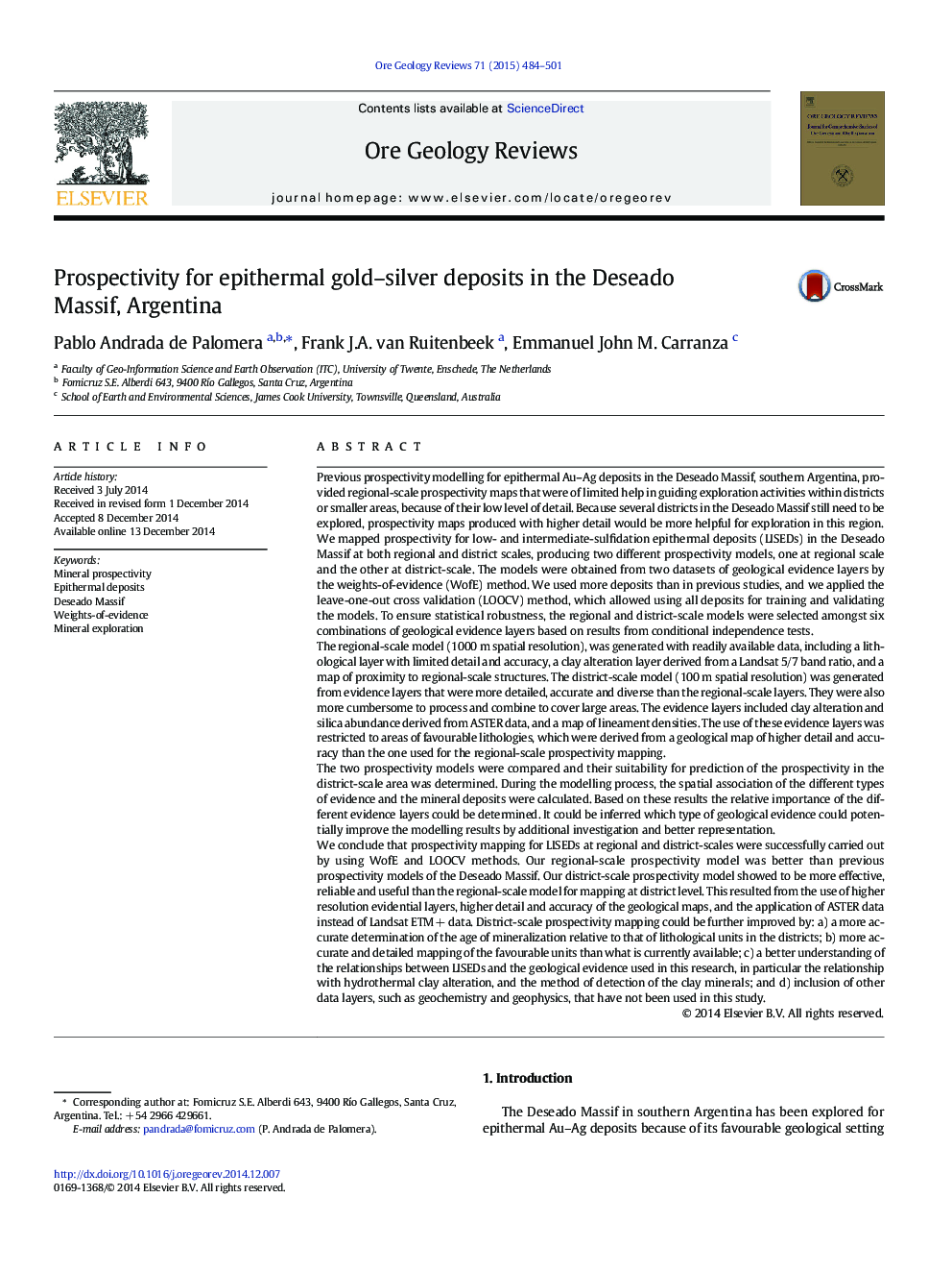 Prospectivity for epithermal gold–silver deposits in the Deseado Massif, Argentina