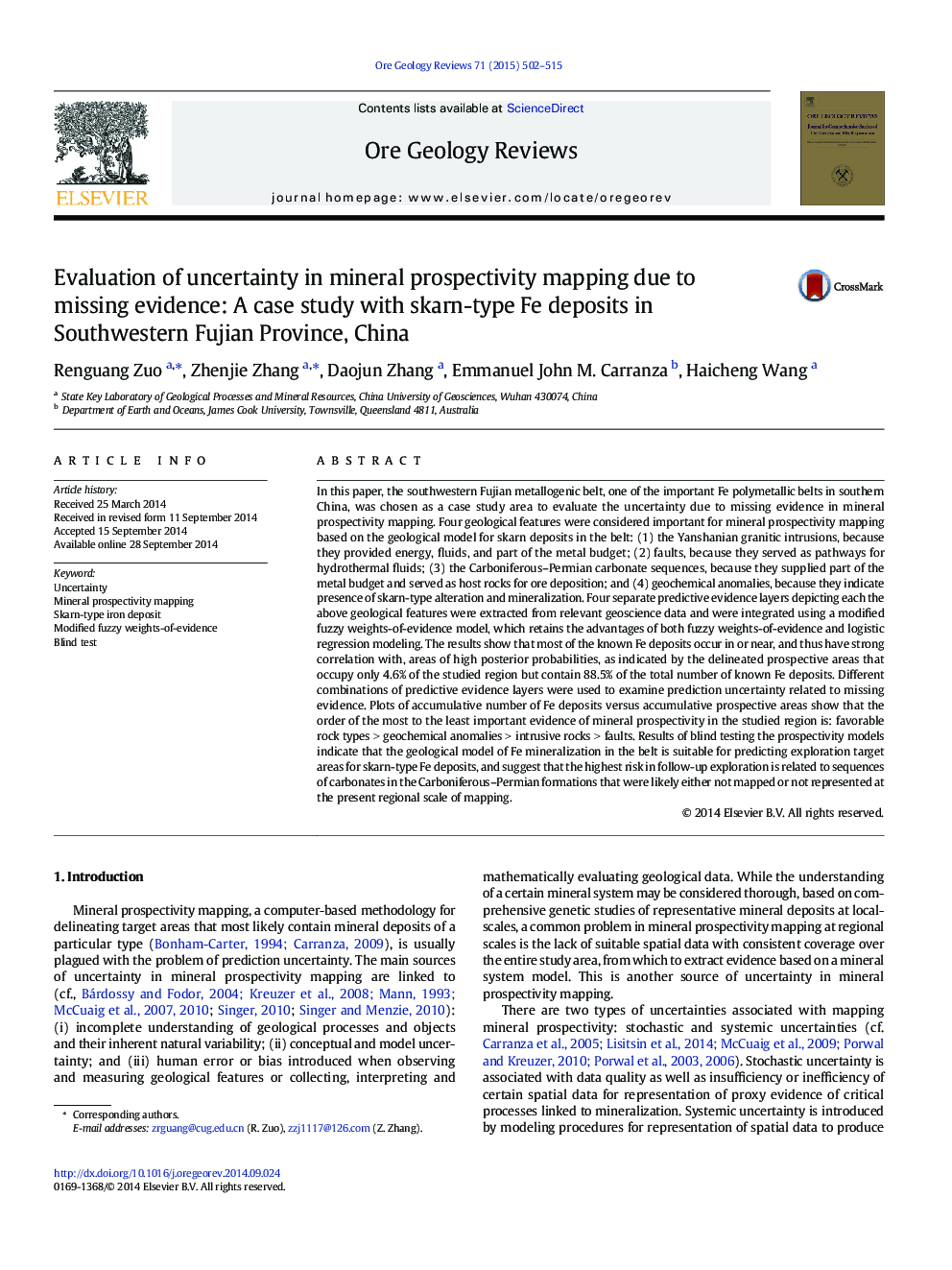 Evaluation of uncertainty in mineral prospectivity mapping due to missing evidence: A case study with skarn-type Fe deposits in Southwestern Fujian Province, China