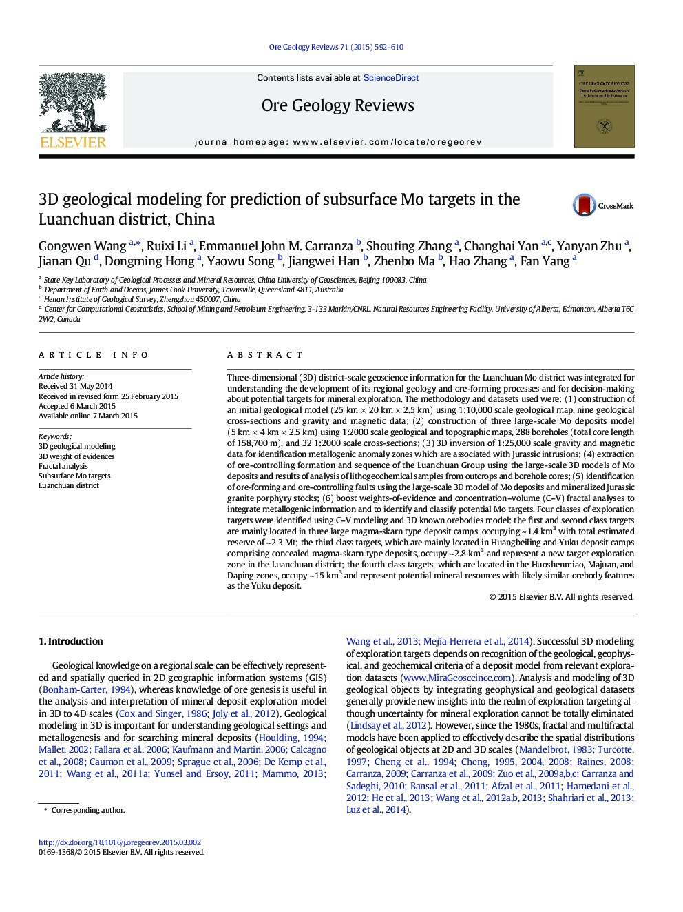 3D geological modeling for prediction of subsurface Mo targets in the Luanchuan district, China