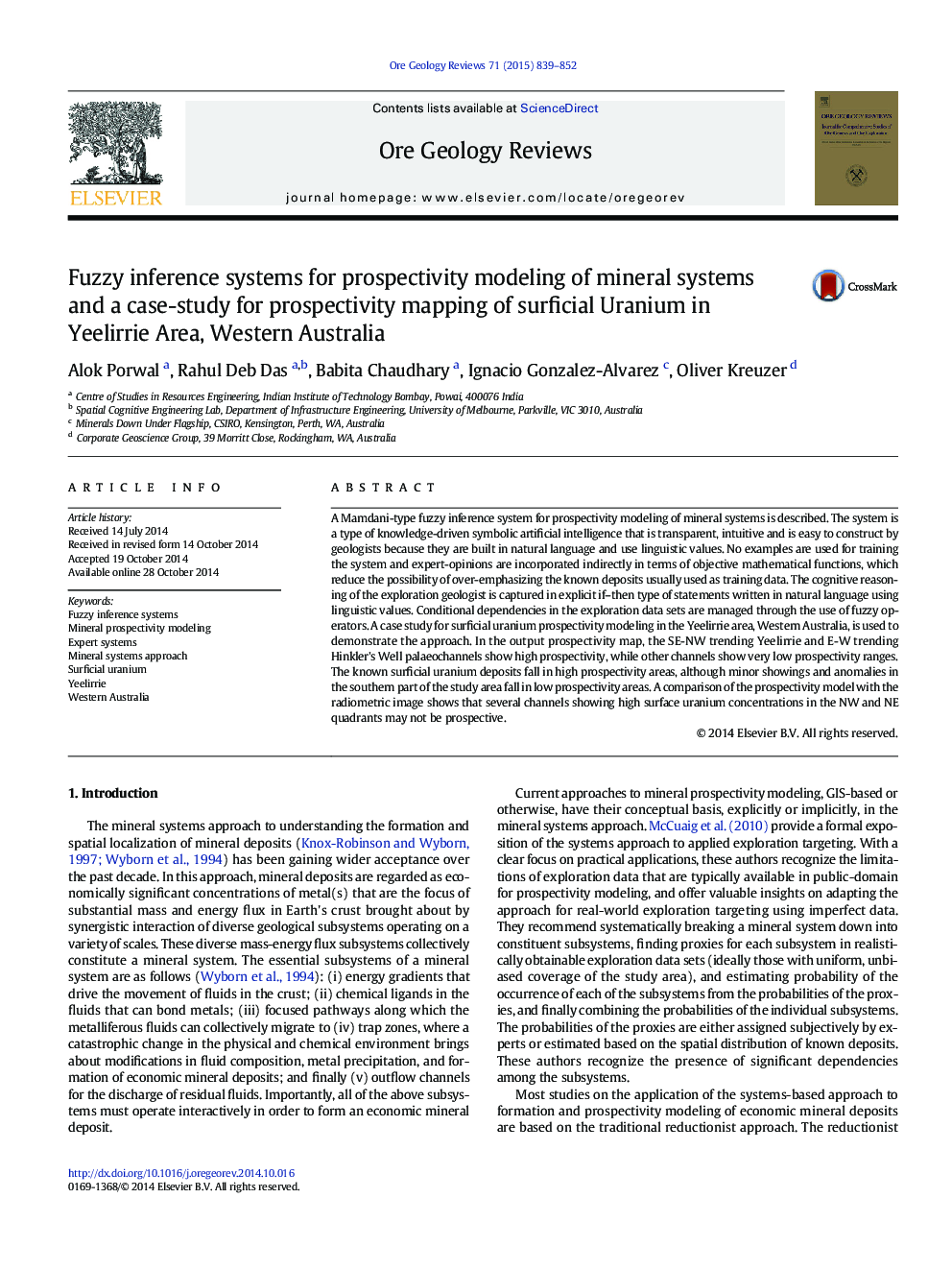 Fuzzy inference systems for prospectivity modeling of mineral systems and a case-study for prospectivity mapping of surficial Uranium in Yeelirrie Area, Western Australia