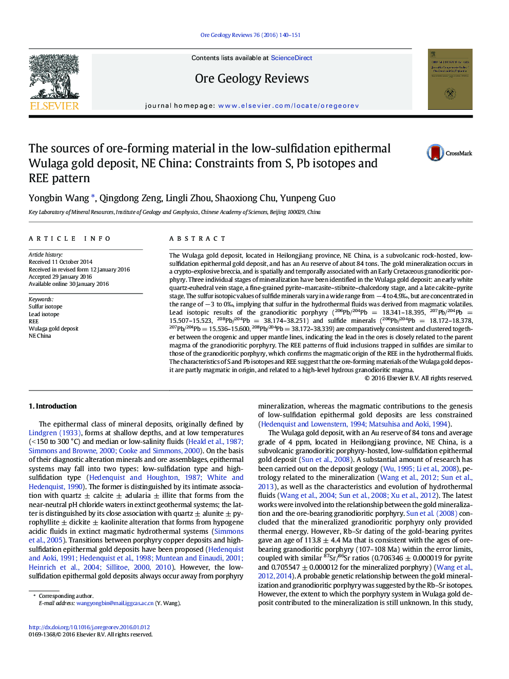 The sources of ore-forming material in the low-sulfidation epithermal Wulaga gold deposit, NE China: Constraints from S, Pb isotopes and REE pattern