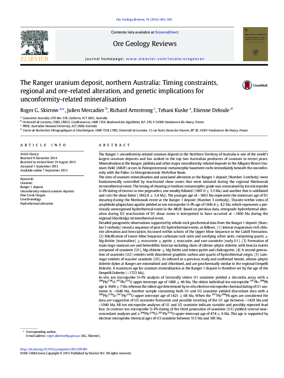 The Ranger uranium deposit, northern Australia: Timing constraints, regional and ore-related alteration, and genetic implications for unconformity-related mineralisation