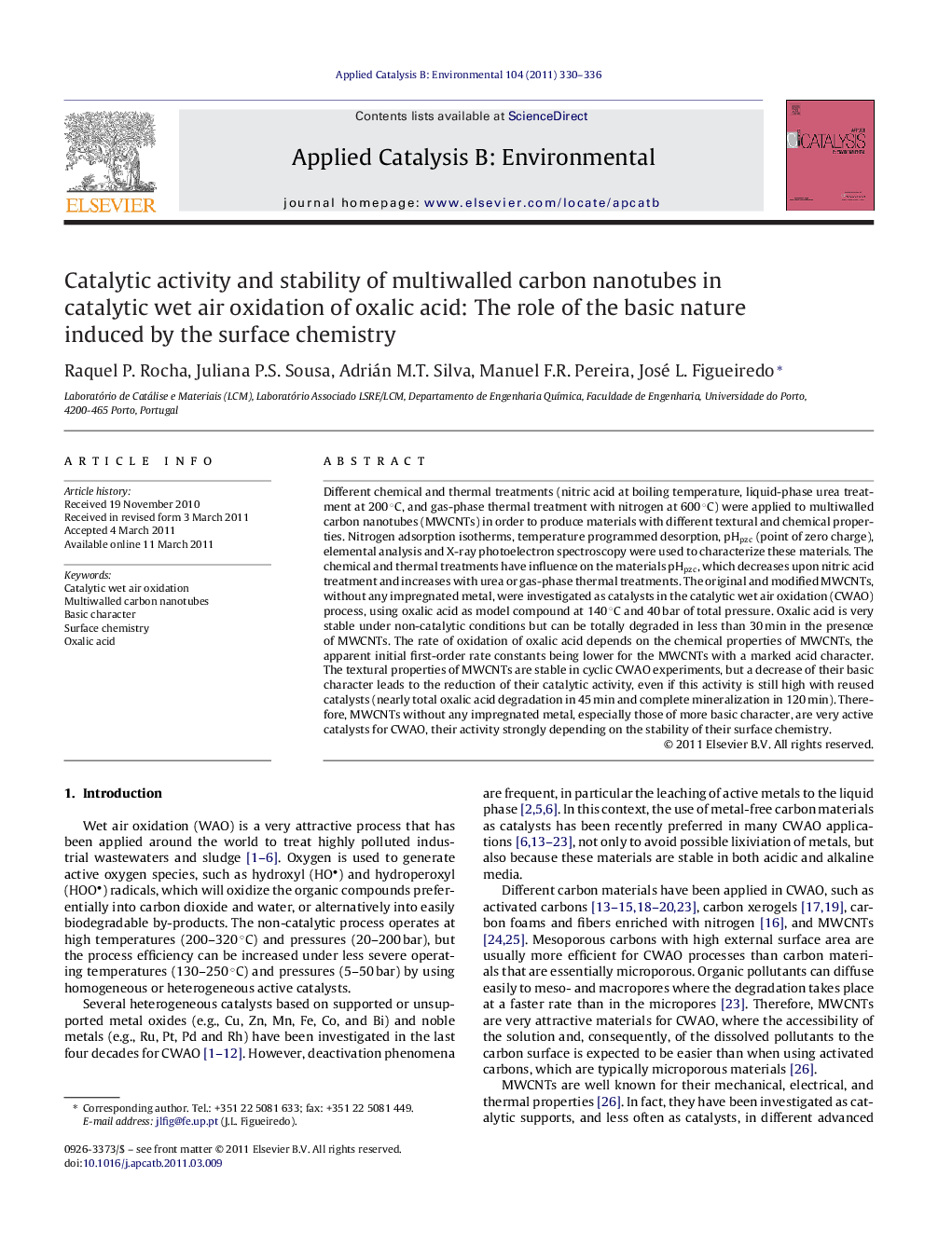 Catalytic activity and stability of multiwalled carbon nanotubes in catalytic wet air oxidation of oxalic acid: The role of the basic nature induced by the surface chemistry