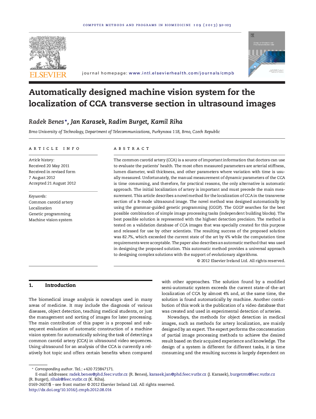 Automatically designed machine vision system for the localization of CCA transverse section in ultrasound images