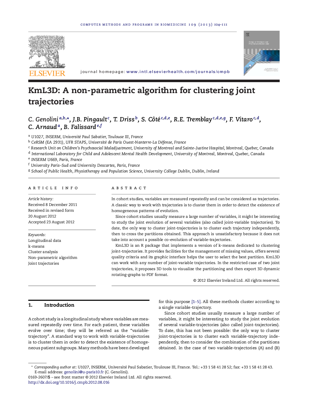 KmL3D: A non-parametric algorithm for clustering joint trajectories