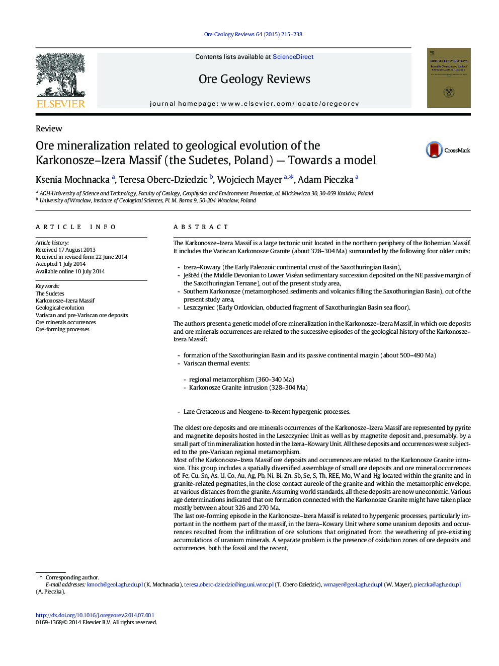 Ore mineralization related to geological evolution of the Karkonosze–Izera Massif (the Sudetes, Poland) — Towards a model