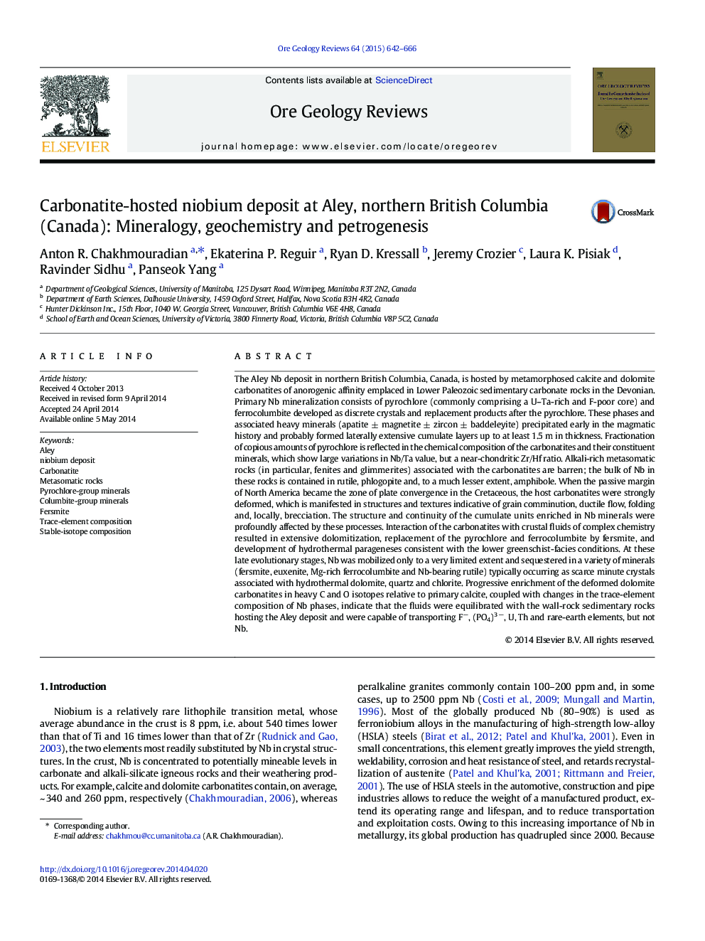 Carbonatite-hosted niobium deposit at Aley, northern British Columbia (Canada): Mineralogy, geochemistry and petrogenesis