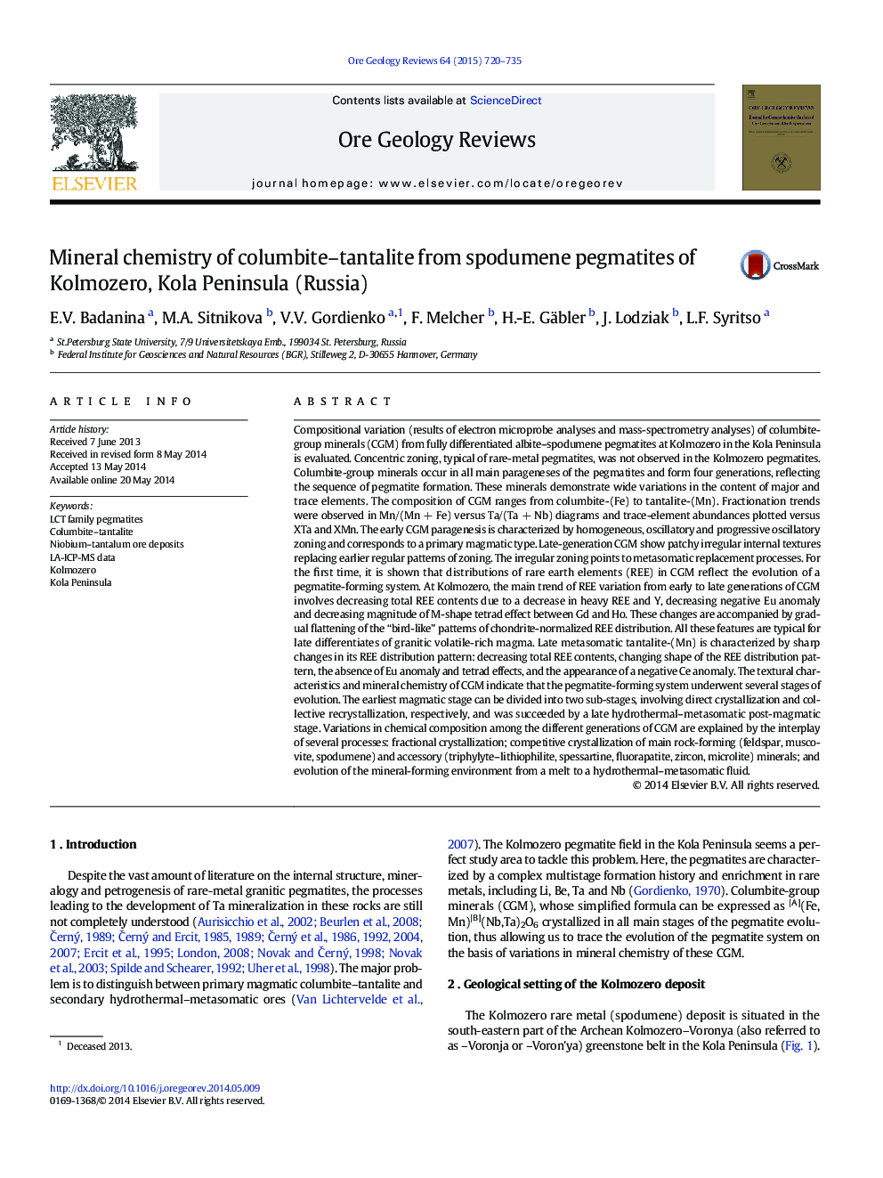 Mineral chemistry of columbite–tantalite from spodumene pegmatites of Kolmozero, Kola Peninsula (Russia)