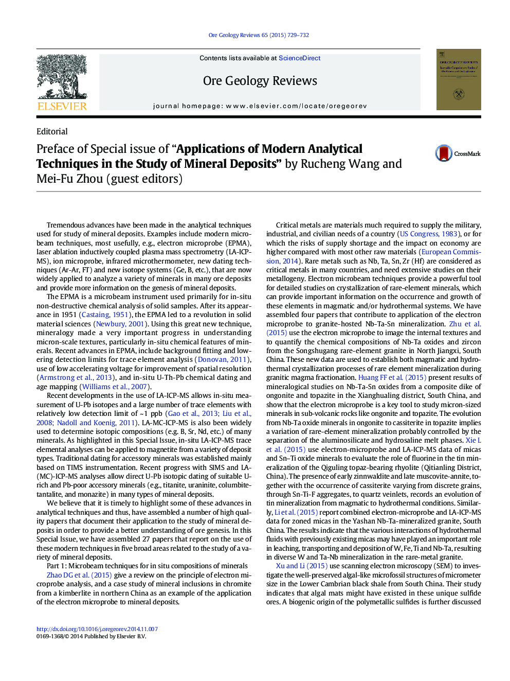 Preface of Special issue of “Applications of Modern Analytical Techniques in the Study of Mineral Deposits” by Rucheng Wang and Mei-Fu Zhou (guest editors)