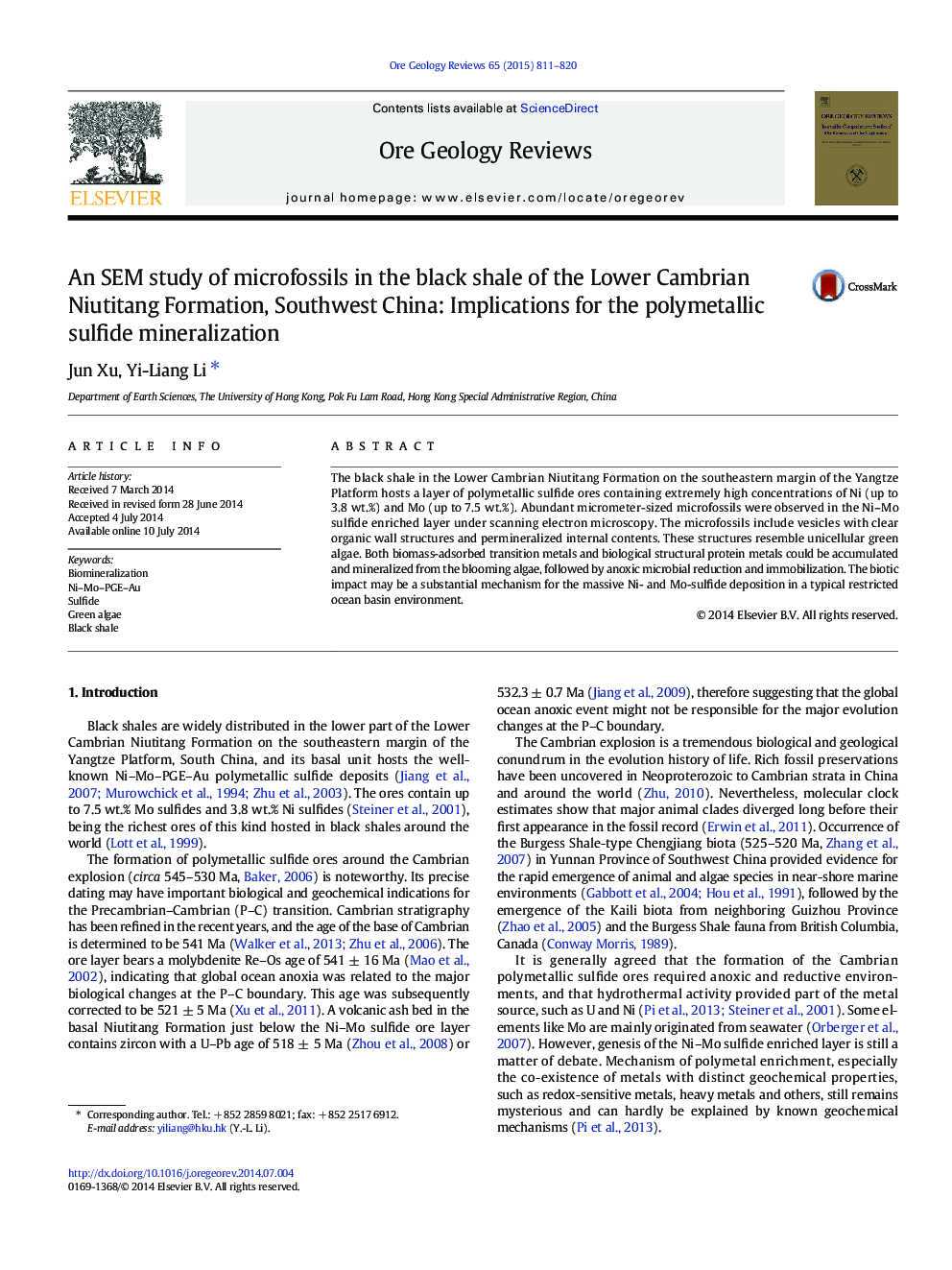 An SEM study of microfossils in the black shale of the Lower Cambrian Niutitang Formation, Southwest China: Implications for the polymetallic sulfide mineralization