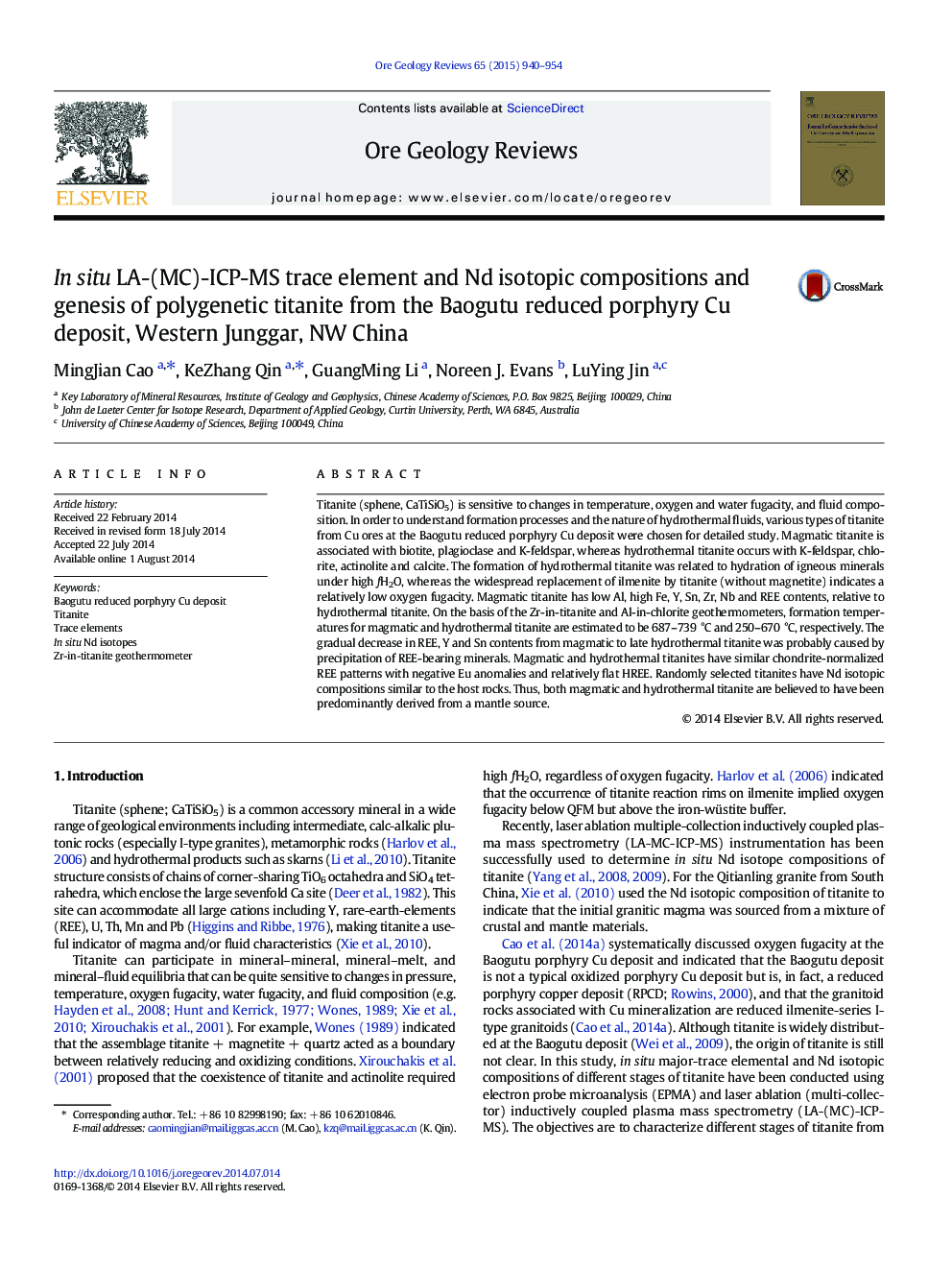 In situ LA-(MC)-ICP-MS trace element and Nd isotopic compositions and genesis of polygenetic titanite from the Baogutu reduced porphyry Cu deposit, Western Junggar, NW China