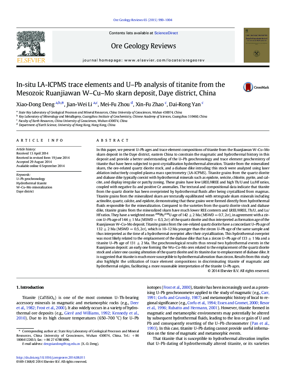 عکس صفحه اول مقاله: In-situ LA-ICPMS trace elements and U–Pb analysis of titanite from the Mesozoic Ruanjiawan W–Cu–Mo skarn deposit, Daye district, China In-situ LA-ICPMS trace elements and U–Pb analysis of titanite from the Mesozoic Ruanjiawan W–Cu–Mo skarn deposit, Daye district, China