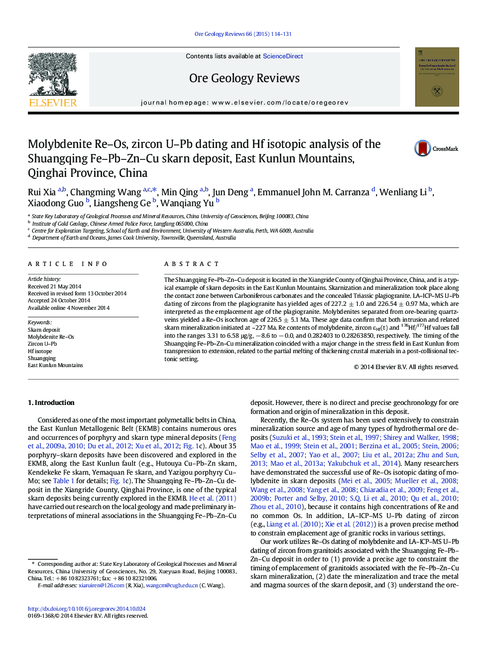 Molybdenite Re–Os, zircon U–Pb dating and Hf isotopic analysis of the Shuangqing Fe–Pb–Zn–Cu skarn deposit, East Kunlun Mountains, Qinghai Province, China