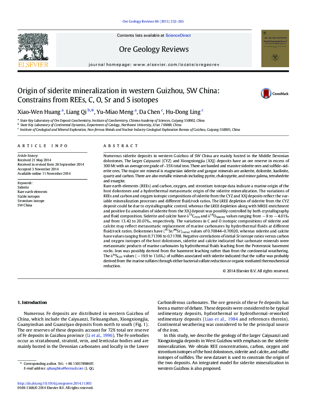 Origin of siderite mineralization in western Guizhou, SW China: Constrains from REEs, C, O, Sr and S isotopes