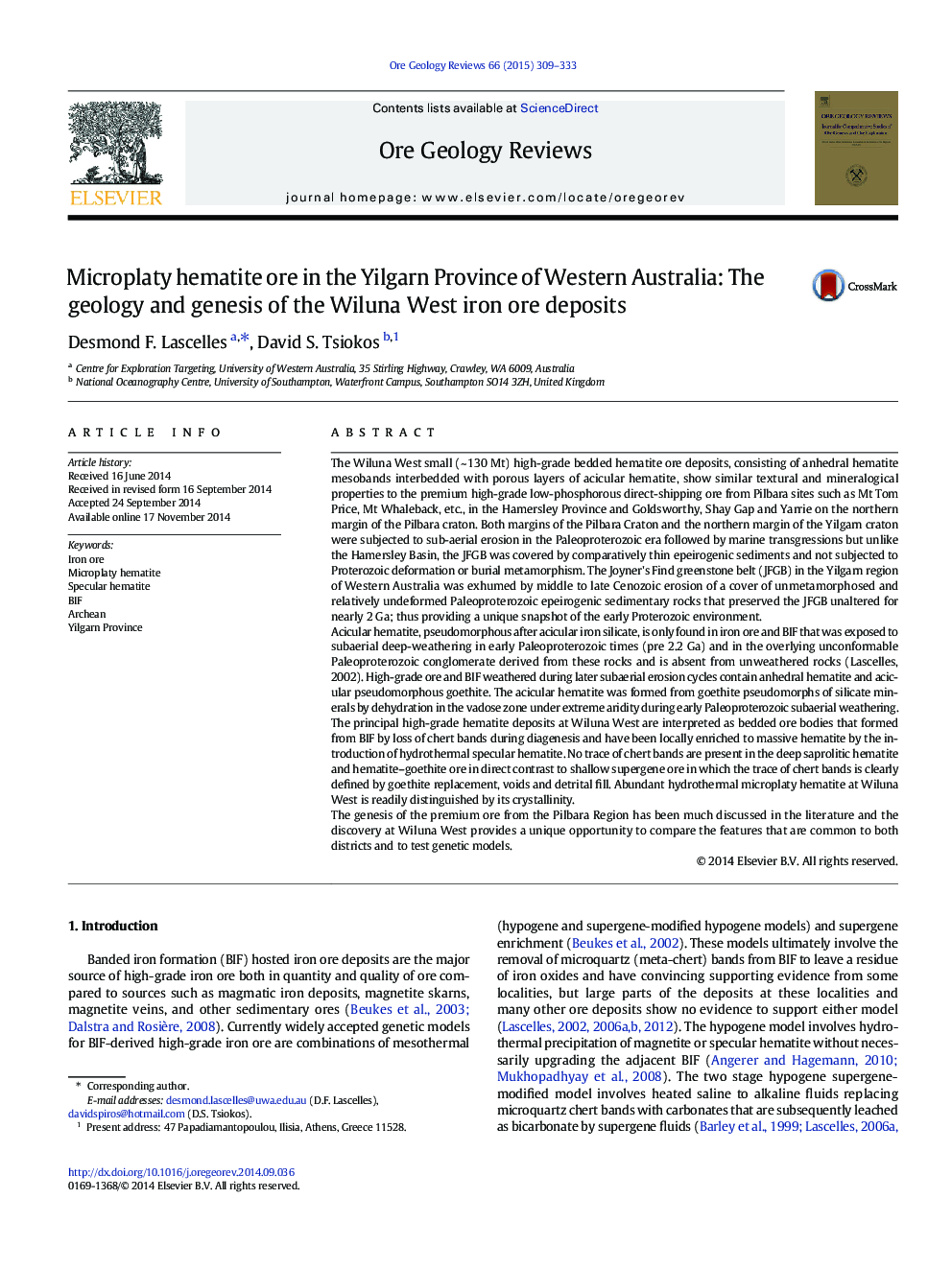 Microplaty hematite ore in the Yilgarn Province of Western Australia: The geology and genesis of the Wiluna West iron ore deposits