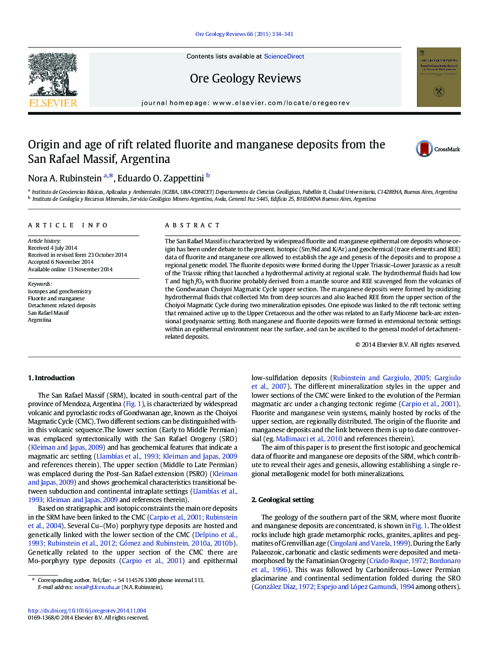 Origin and age of rift related fluorite and manganese deposits from the San Rafael Massif, Argentina