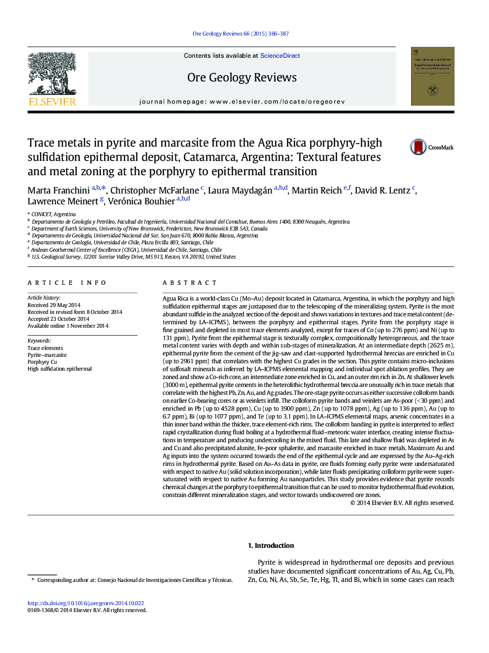Trace metals in pyrite and marcasite from the Agua Rica porphyry-high sulfidation epithermal deposit, Catamarca, Argentina: Textural features and metal zoning at the porphyry to epithermal transition